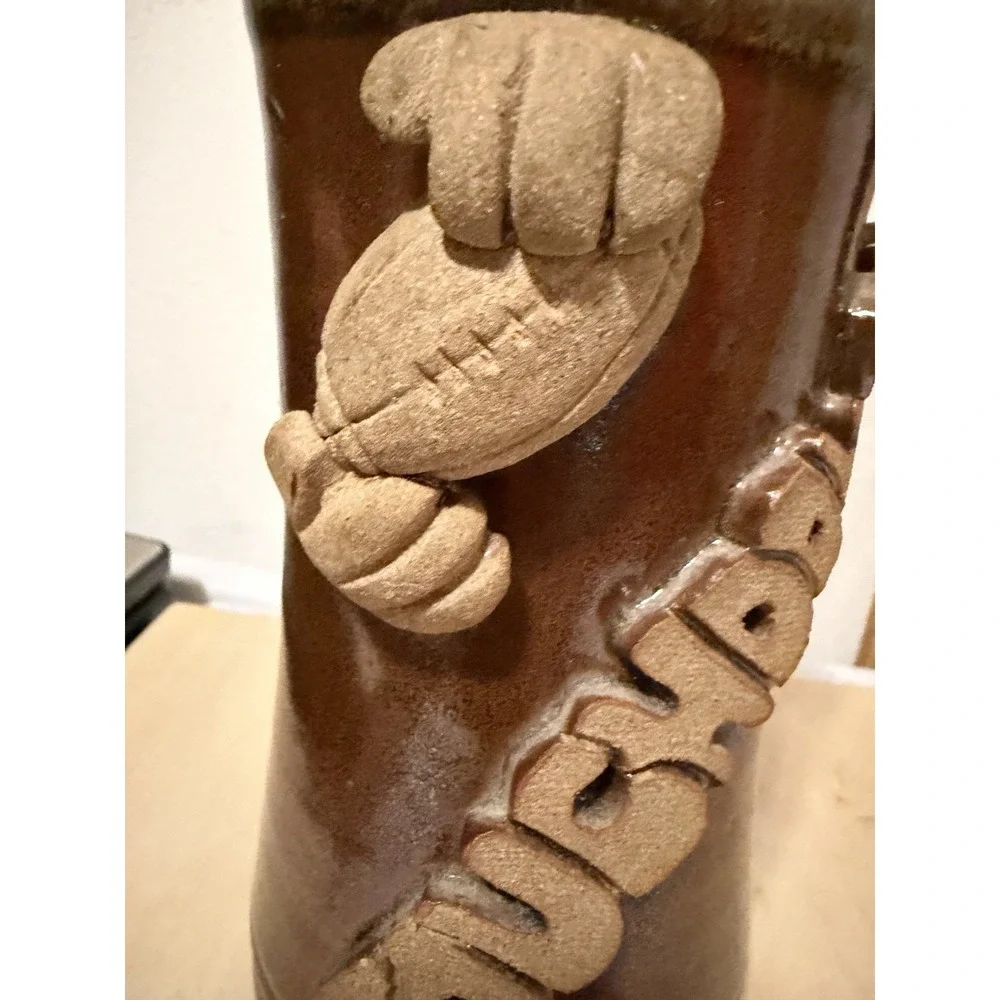 handmade stoneware pottery beer stein or mug Football TOUCHDOWN 8in